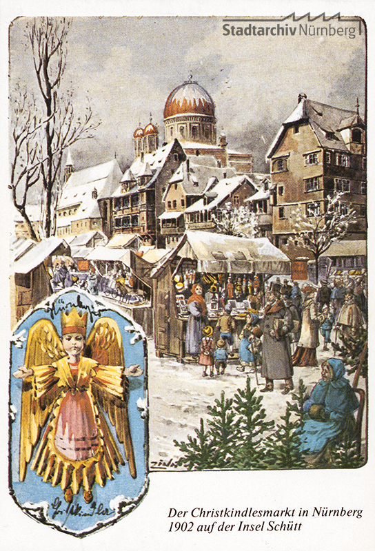 Die kolorierte Postkarte aus dem Jahr 1902 zeigt Besucher und Buden auf dem Christkindlesmarkt auf der Insel Schütt. Im Hintergrund ist die Kuppel der ehemaligen Hauptsynagoge zu sehen. Quelle Stadtarchiv Nürnberg