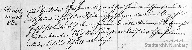Die Eröffnung des Christkindlesmarkts 1888 in der Stadtchronik Nürnberg. Der Herrenmarkt bezeichnete den Hauptmarkt. Quelle Stadtarchiv Nürnberg