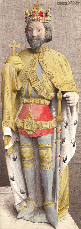 Schöner Brunnen, Kolorierte Werkzeichnung der Statue Karls IV. (Stadtarchiv Nürnberg A 7/II Nr. 277)