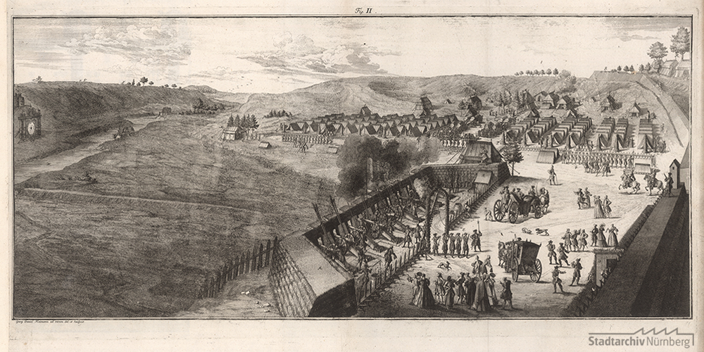 Das Stückschießen von 1733. Kupferstich im 1734 von den Kupferstechern Georg Daniel Heumann und Johann Georg Hofmann verlegten Buch über das letzte große Stückschießen in der Reichsstadt. Stadtarchiv Nürnberg Av-Bibl. 9.2, Blatt 22.