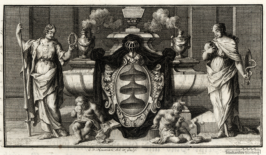 Kupferstichvignette mit dem Wappen Berlin in einer gebundenen Sammlung von Trauerschriften auf den verstorbenen Wilhelm Bernhard Berlin, gest. 9. 11. 1735, beerdigt 16 11. auf dem Nürnberger Johannisfriedhof, gezeichnet und gestochen von Georg Daniel Heumann. Stadtarchiv Nürnberg E 15 Nr. 351 Produkt (10).