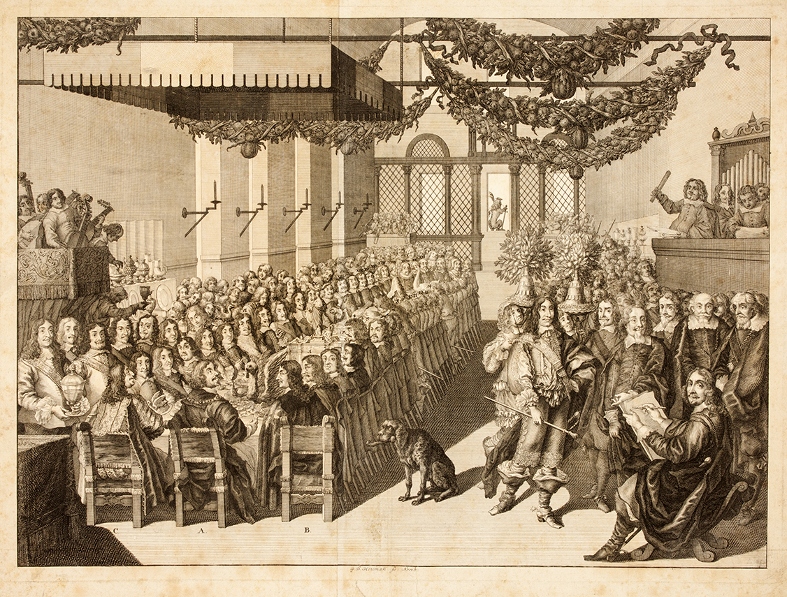 Georg Daniel Heumann nach Joachim von Sandrart d.Ä., Das Friedensmahl im Nürnberger Rathaus 1649, Kupferstich, 1736. Kunstsammlungen der Stadt Nürnberg, Inventar-Nr. Gr.A. Gr.A. 12090.