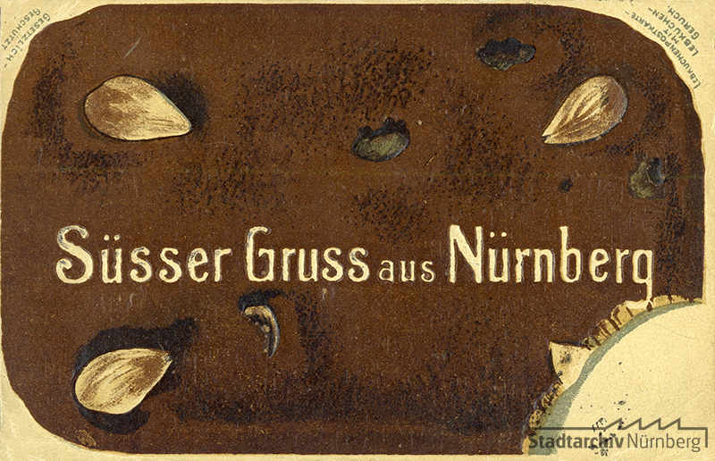 Diese Duftpostkarte aus dem Jahr 1903 hat die Form eines Lebkuchens und sollte sogar wie ein Lebkuchen riechen. Quelle Stadtarchiv Nürnberg