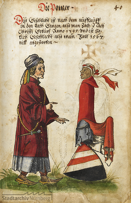 Wappen der Pömer aus einem Nürnberger Wappenbuch, kolorierter Holzschnitt 1563. (Stadtarchiv Nürnberg E 3 Nr. 52, Bl. 40r)