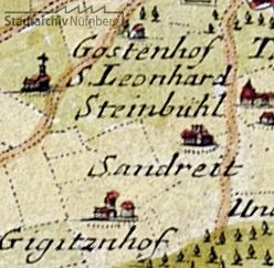 Ausschnitt aus einer Karte von Gabriel Bodenehr d. Ä. "Nürnberg mit dero Gegend" von 1750 (Stadtarchiv Nürnberg A 4/IV Nr. 56)