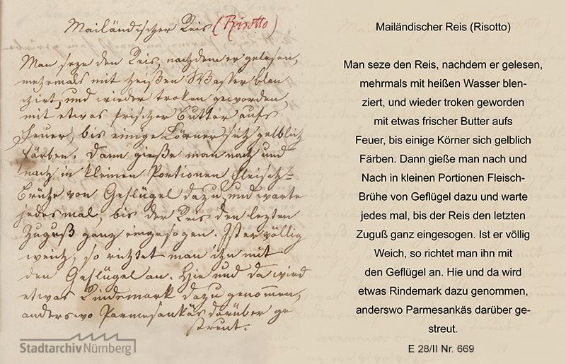 Rezept für Mailändischen Reis (Risotto) aus dem Koch- und Backrezeptbuch von Marie Eleonora Sophie von Holzschuher geb. von Praun
