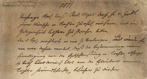 Notiz des Jobst Wilhelm Karl von Tucher zur Bewerbung des Philosophen und Gymnasialrektors Dr. Georg Wilhelm Friedrich Hegel um die Hand seiner Tochter Maria Helena Susanna, 1811. (Stadtarchiv Nürnberg E 29/II Nr. 372)