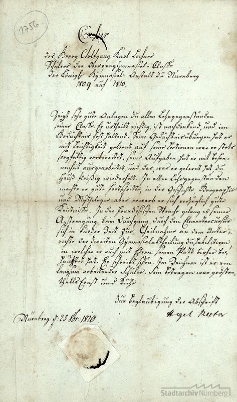 Zeugnis Georg Wilhelm Friedrich Hegels als Rektor des Nürnberger Gymnasiums für den Schüler Georg Wolfgang Karl Lochner (Stadtarchiv Nürnberg E 1/1000 Nr. 12)