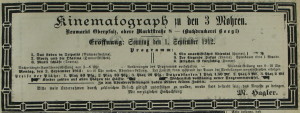Anzeige zur Eröffnung des Kinematographen zu den 3 Mohren im Neumarkter Tagblatt Nr. 198 vom 1. September 1912