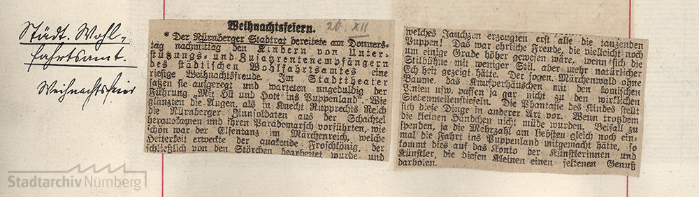 Ausschnitt aus der Stadtchronik Nürnberg zur Weihnachtsfeier für bedürftige Kinder im Jahr 1924. Quelle Stadtarchiv Nürnberg