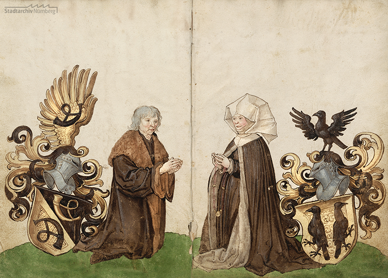 Bildnis des Ehepaares Kunz und Barbara Horn mit Wappen Horn und Krell