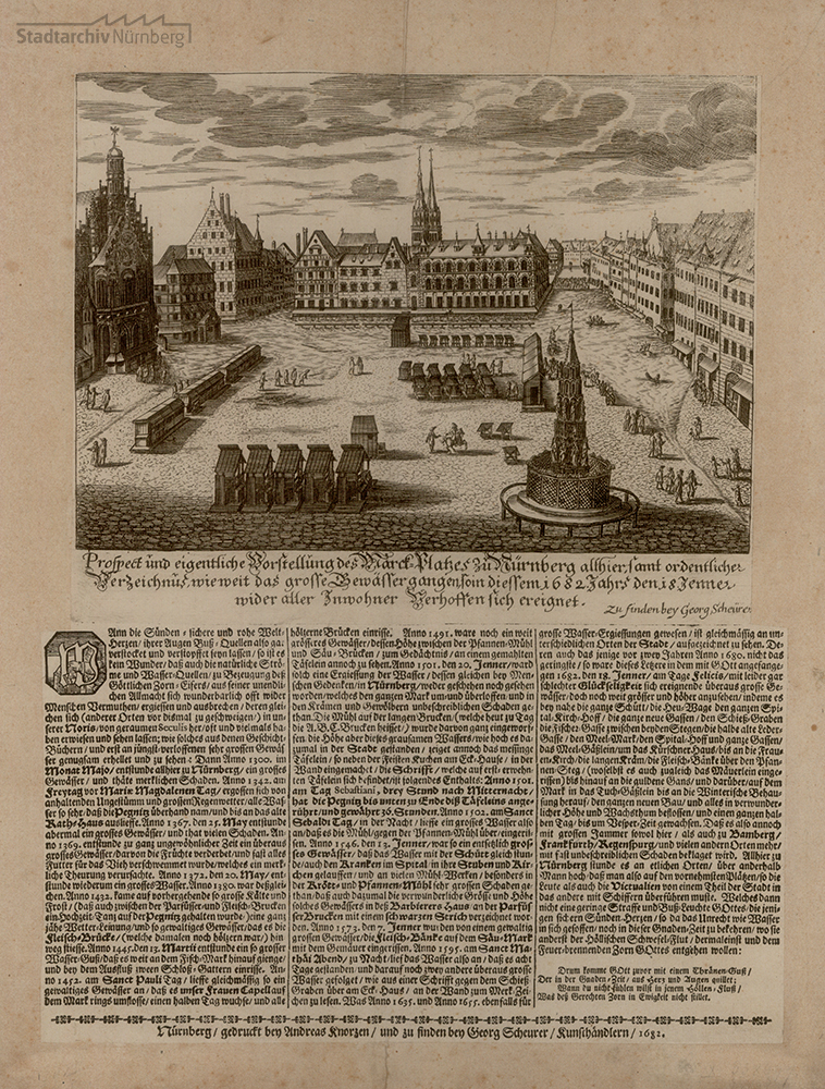 Mischtechnik & Typendruck auf einem Blatt 28,7 x 37,5 cm. Druck von Andreas Knorz, Verleger: Georg Scheurer. Nürnberg 1682. Stadtarchiv Nürnberg A 7/II Nr. 376.