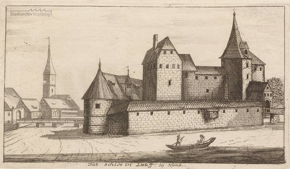 Johann Alexander Boener: „Das Schlos in Lauff bej Nürnb.“, Radierung 23,1 x 13,5 cm (Blatt) Stadtarchiv Nürnberg E 13/II Nr. G 214.