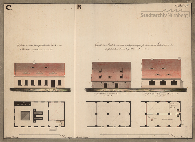 Ansicht der Westseite und des Grundrisses der im Bauhofzwinger zu errichtenden Gießerei und Ansichten der Westseite und Grundrisse des Vorgängerbaus und des Neubaus für das chemische Laboratorium im Bauhof