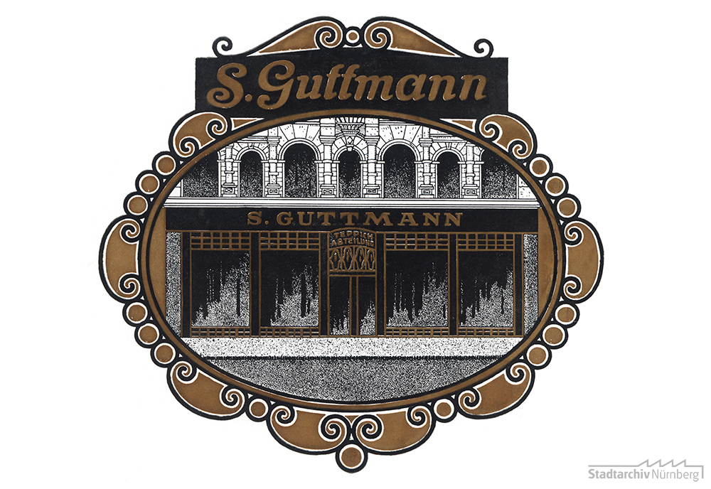 Vorderseite des Einladungsschreibens zur Wiedereröffnung des neu gestalteten Teppichhauses der Firma S. Guttmann in der Adlerstraße 35, um 1912/13. (Stadtarchiv Nürnberg E 10/159 Nr. 28)