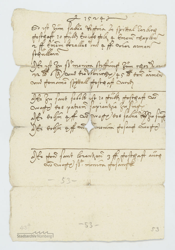 Notizzettel Linhart Tuchers in Nürnberg über diverse Geldstiftungen für das Heilig-Geist-Spital und die Pfarrkirchen St. Sebald und St. Lorenz, 1524 (Stadtarchiv Nürnberg E 29/IV Nr. 373).