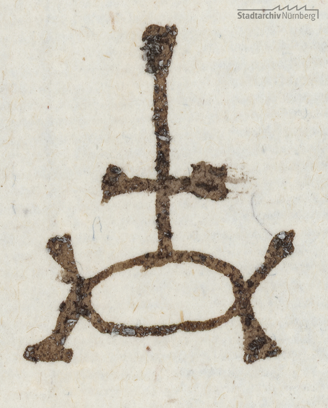 Handelszeichen der Tucherschen Handelsgesellschaft, überliefert in einem Brief des Brief des Paulus Tucher aus Wittenberg an seinen Vater Linhart in Nürnberg vom 5. August 1545 (Stadtarchiv Nürnberg E 29/IV Nr. 495).