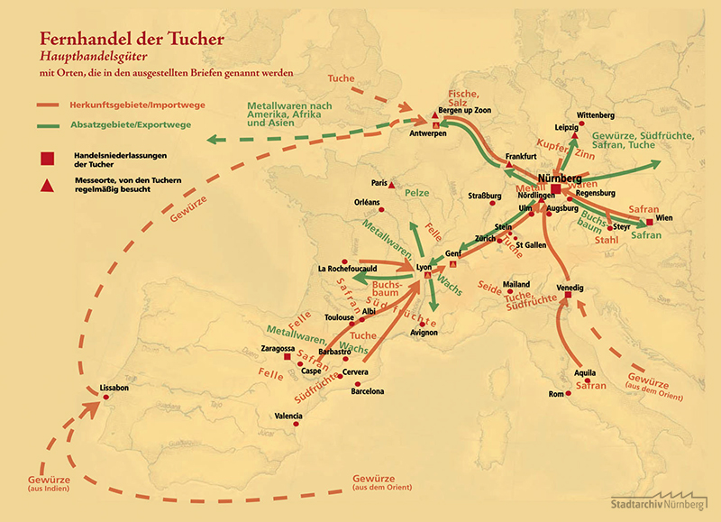 Karte zum Fernhandel der Tucherschen Handelsgesellschaft, erarbeitet aus Orten, die in der Briefüberlieferung Antons II. und Linharts II. Tucher genannt sind. Erstellt nach Vorgaben von Dr. Horst-Dieter Beyerstedt und Dr. Michael Diefenbacher von Christoph Valentin, Stuttgart 2008.