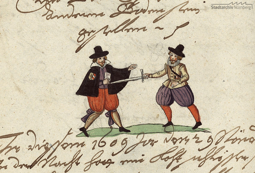 Überfall auf einen Nürnberger Boten 1609. Eintrag und Illustration in einer Nürnberger Chronik, um 1620