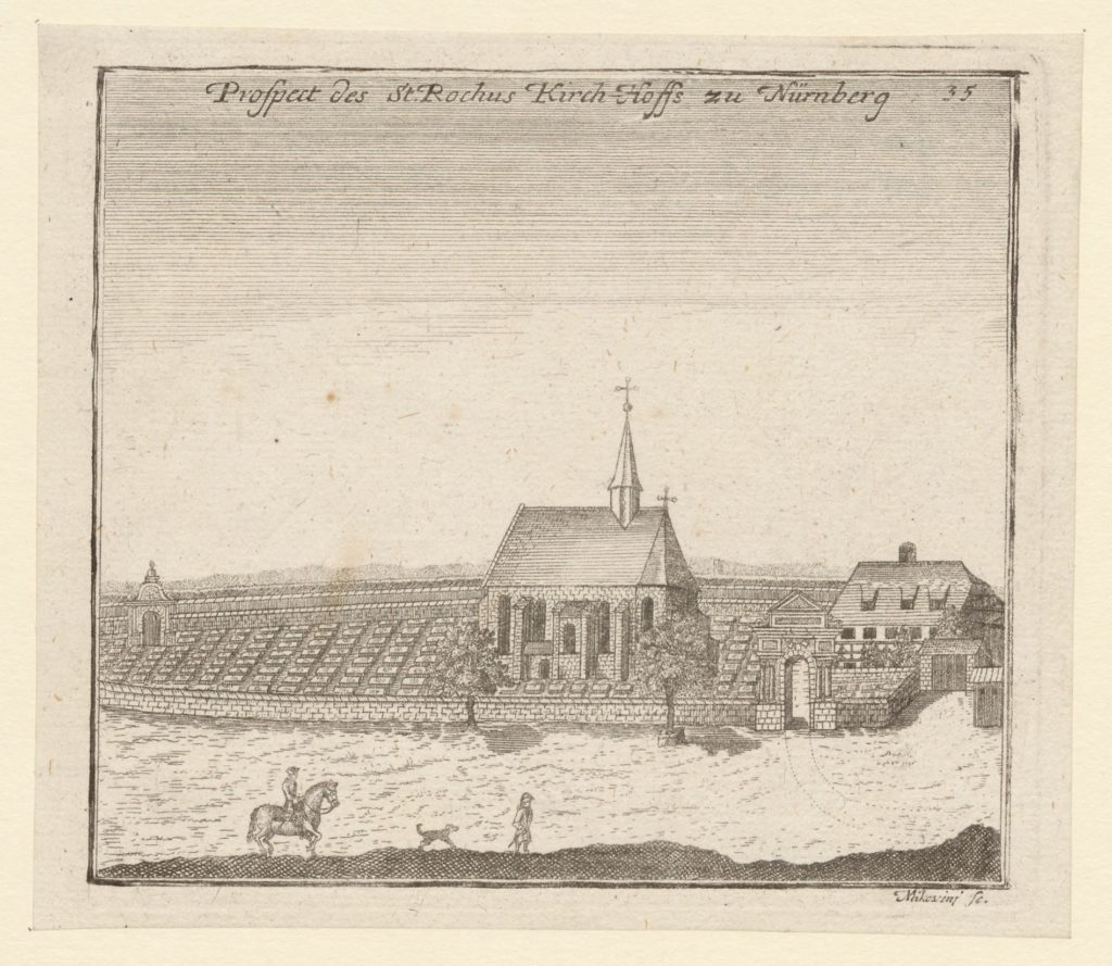 Blick von Süden auf den Rochusfriedhof mit der Imhoffkapelle und dem Hofmeisterhaus.
